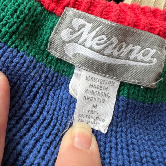 Vintage 80s shaker knit sweater merona preppy black blue red yellow green M - Picture 2 of 7
